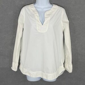 J. Crew Cotton Tunic Top Long Sleeve V-Neck Blouse White Sz‎ XS Career Preppy